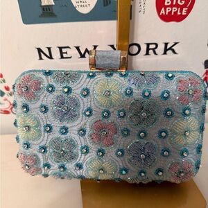Floral Embellished Clutch - Blue and Pink